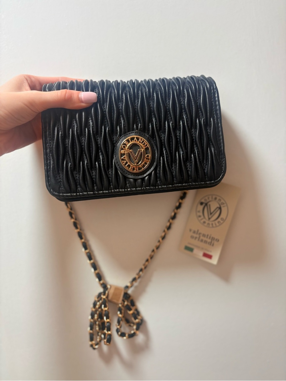 Valentino Orlandi Black Quilted Crossbody with Gold Emblem